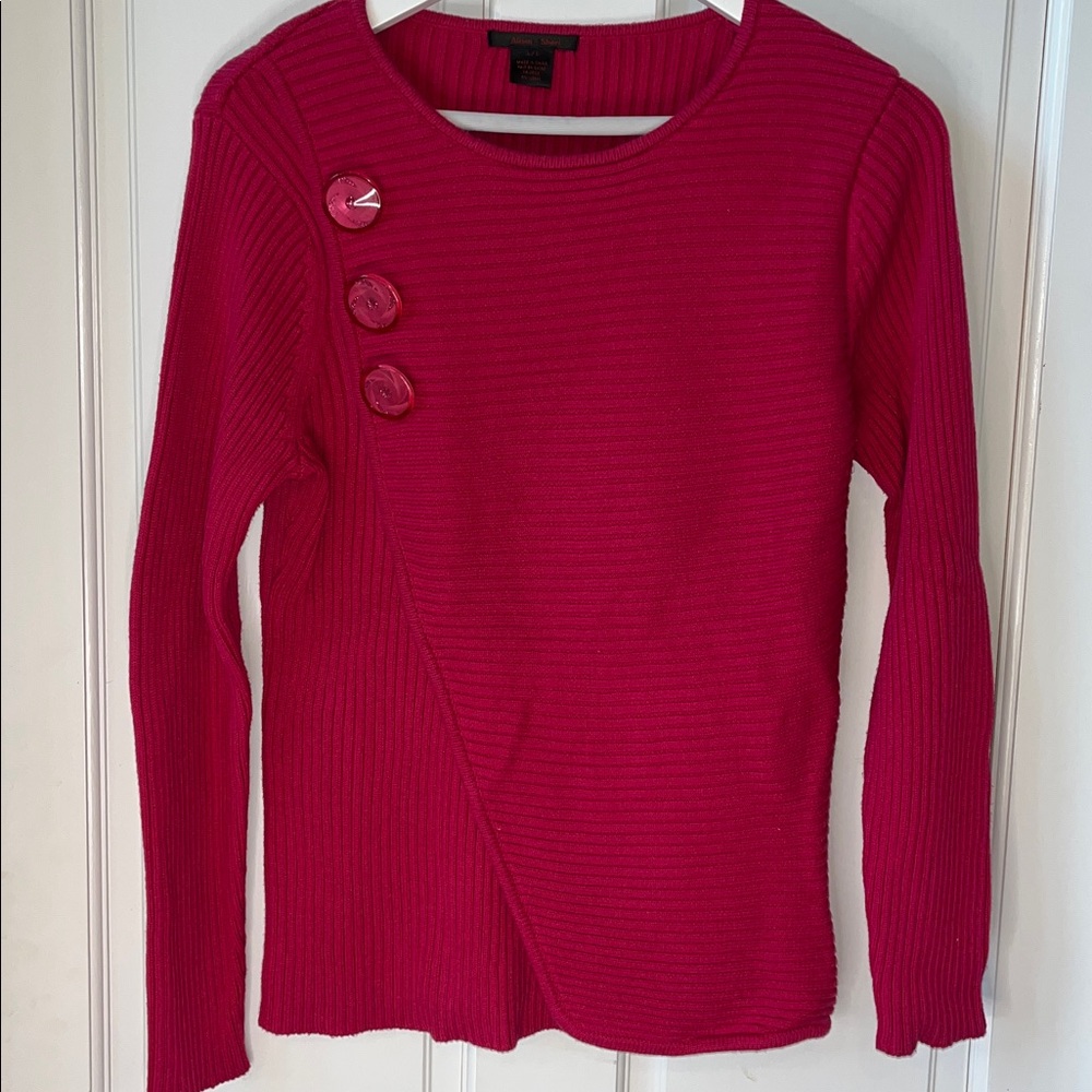 Women's Raspberry Pink Ribbed Top with Button Accents &Crossover Front size L